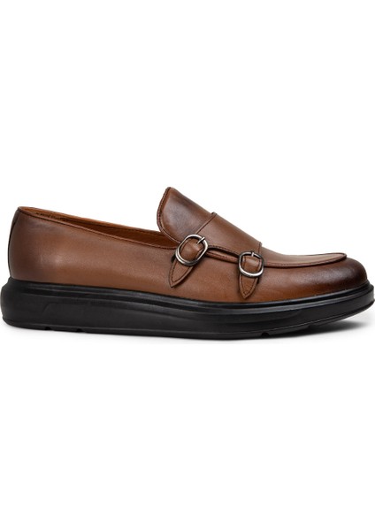 Deri Kahverengi Çift Tokalı Erkek Loafer - 01843MKHVP01