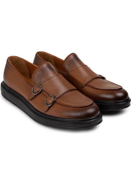 Deri Kahverengi Çift Tokalı Erkek Loafer - 01843MKHVP01