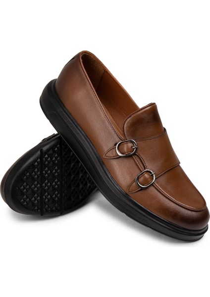 Deri Kahverengi Çift Tokalı Erkek Loafer - 01843MKHVP01