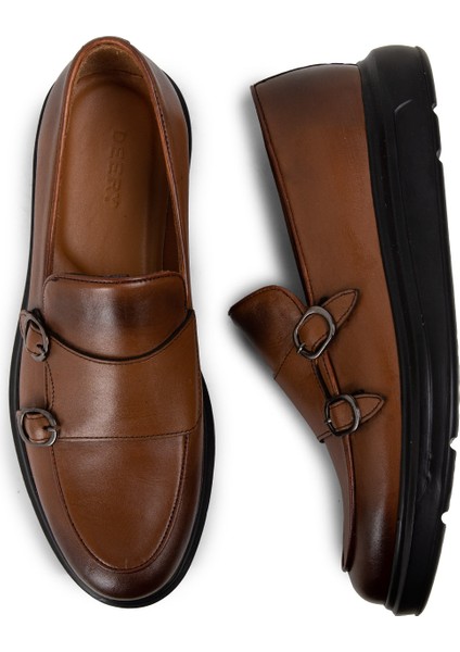 Deri Kahverengi Çift Tokalı Erkek Loafer - 01843MKHVP01