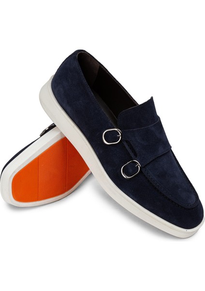 Süet Lacivert Çift Tokalı Erkek Loafer Ayakkabı Kauçuk Tabanlı Dört Mevsim Kullanım modelleri