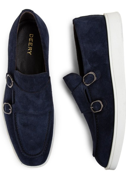Süet Lacivert Çift Tokalı Erkek Loafer Ayakkabı Kauçuk Tabanlı Dört Mevsim Kullanım fırsatları