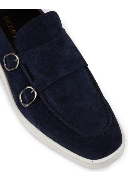 Süet Lacivert Çift Tokalı Erkek Loafer Ayakkabı Kauçuk Tabanlı Dört Mevsim Kullanım indirimleri