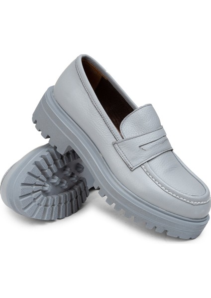 Deri Gri Kadın Loafer Ayakkabı - 01903ZGRIP02