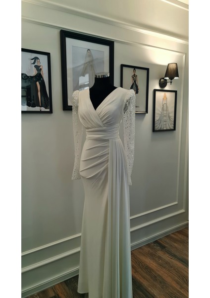 Ekru Beyaz Kruvaze Yakalı Söz Nişan Nikah Elbisesi fiyatları