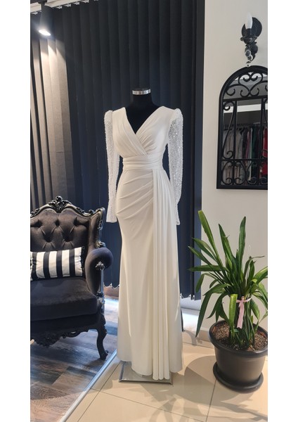 Ekru Beyaz Kruvaze Yakalı Söz Nişan Nikah Elbisesi fırsatları