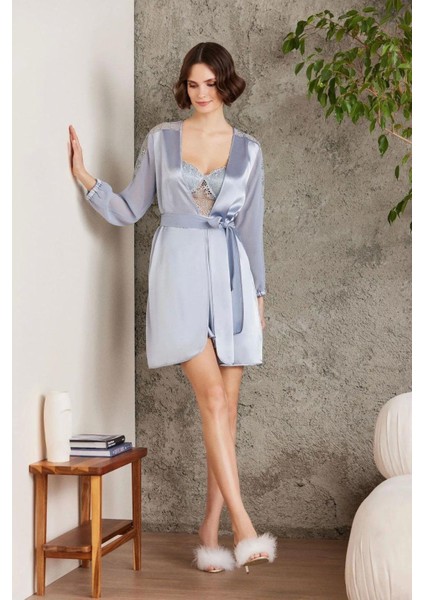 Saten Gecelik Sabahlık Pijama Takım Şort Takım 6'lı Gelin Çeyiz Seti Mist 6005