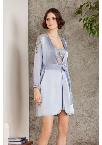 Saten Gecelik Sabahlık Pijama Takım Şort Takım 6'lı Gelin Çeyiz Seti Mist 6005