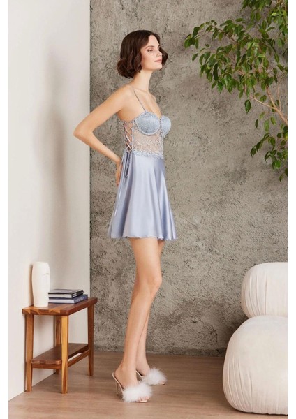 Saten Gecelik Sabahlık Pijama Takım Şort Takım 6'lı Gelin Çeyiz Seti Mist 6005