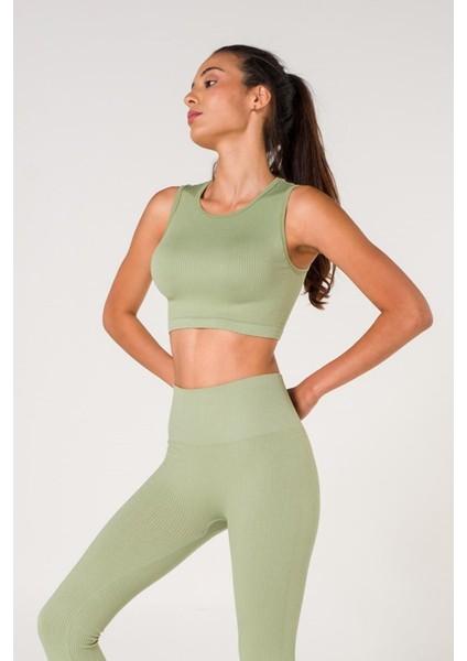 Fitilli Crop Top Seamless Spor Sütyeni Yeşil