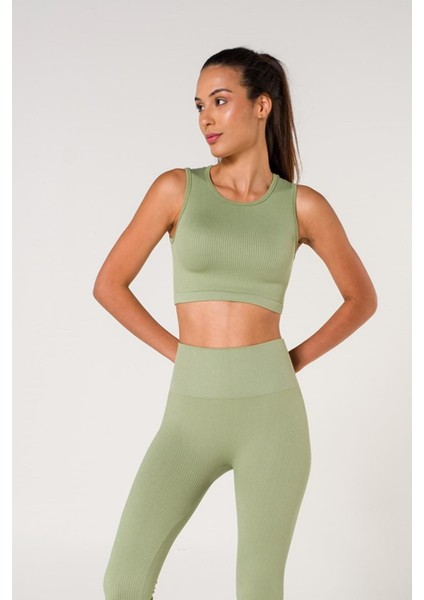 Fitilli Crop Top Seamless Spor Sütyeni Yeşil