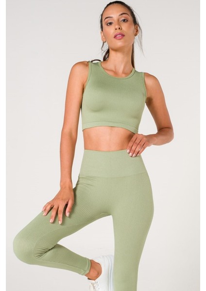 Fitilli Crop Top Seamless Spor Sütyeni Yeşil