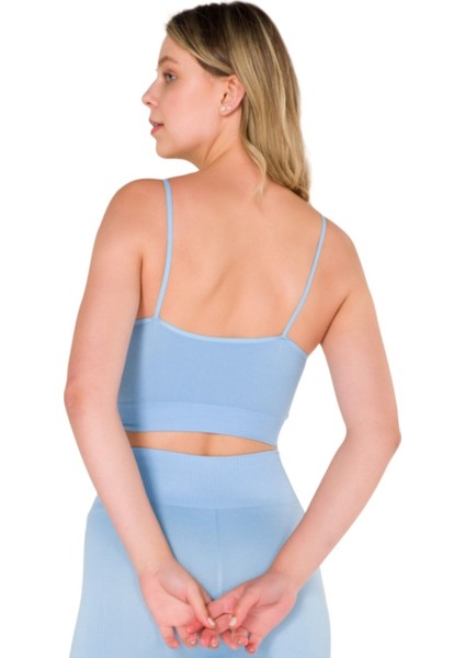 Büzgülü Ince Askılı Dikişsiz Seamless Crop Top Mavi