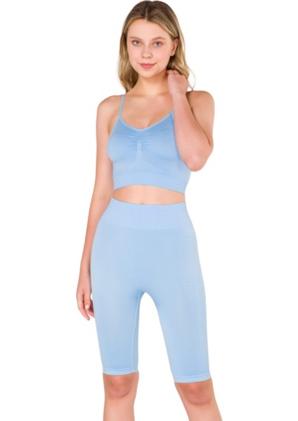 Büzgülü Ince Askılı Dikişsiz Seamless Crop Top Mavi