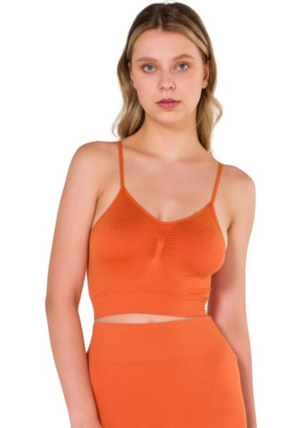 Büzgülü Ince Askılı Dikişsiz Seamless Crop Top Turuncu