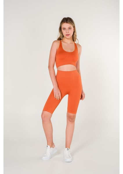 Fitilli Çapraz Detaylı Crop Top Seamless Spor Sütyeni Turuncu