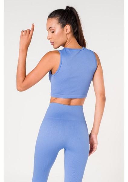 Fitilli Crop Top Seamless Spor Sütyeni Mavi