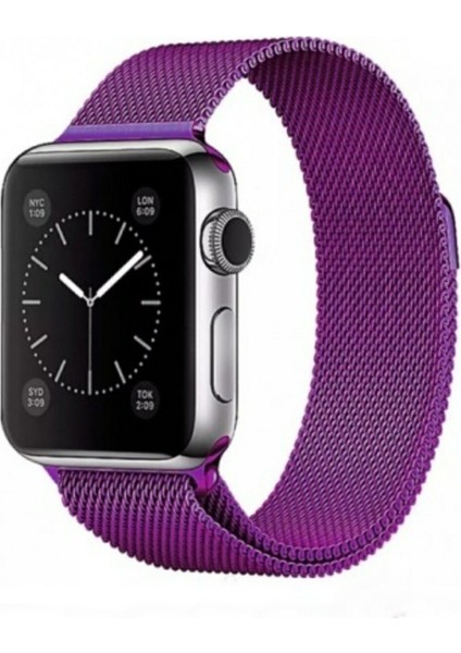 Apple Watch 42 mm / 44MM / 45MM / 49 mm (Seriler /se/ultra ile Uyumlu) Milanes Loop Mıknatıslı Hasır Metal Kordon Eflatun