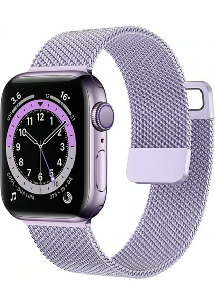 Apple Watch 42 mm / 44MM / 45MM / 49 mm (Seriler /se/ultra ile Uyumlu) Milanes Loop Mıknatıslı Hasır Metal Kordon Lila