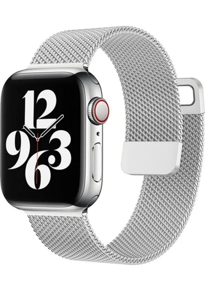 Apple Watch 42 mm / 44MM / 45MM / 49 mm (Seriler /se/ultra ile Uyumlu) Milanes Loop Mıknatıslı Hasır Metal Kordon Gümüş