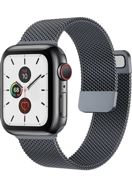 Apple Watch 42 mm / 44MM / 45MM / 49 mm (Seriler /se/ultra ile Uyumlu) Milanes Loop Mıknatıslı Hasır Metal Kordon Koyu Gri