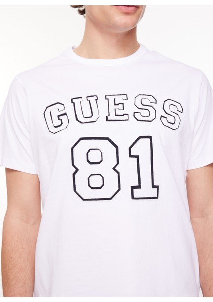 Bisiklet Yaka Düz Beyaz Erkek T-Shirt M4RI22K8FQ4G011_SS Cn Guess 81 Patc