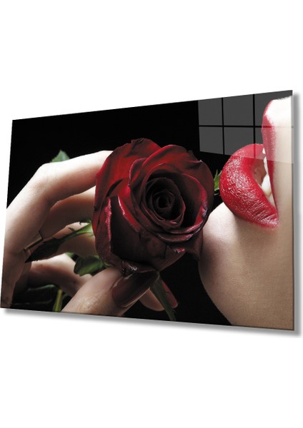 Kırmızı Gül ve Kadın Cam Tablo Red Rose And Table
