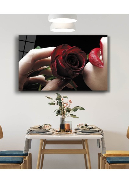 Kırmızı Gül ve Kadın Cam Tablo Red Rose And Table fiyatları