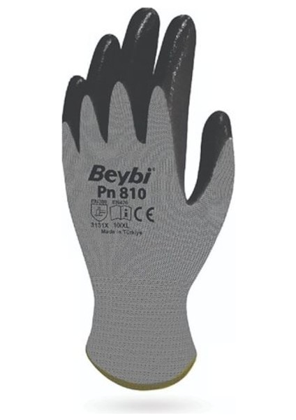 Beybi PN810 Gri-Siyah Polyester Örme Nitril Iş Eldiveni No:10 -10 Adet