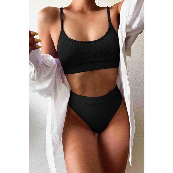 Aria's Closet Yüksek Bel Fitilli Kumaş Tankini Bikini Takım Siyah