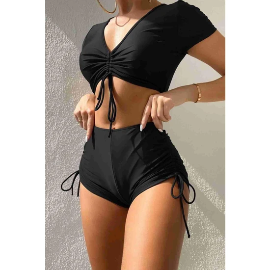 Aria's Closet Özel Tasarım Yarım Kol Büzgü Detaylı Bikini Üstü Siyah