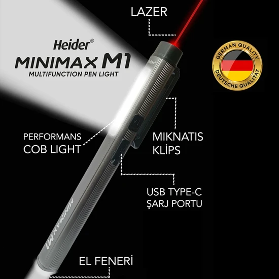 Heider Minimax M1 (Yeni) Özel Metal Tasarım 3 Fonksiyonlu (Lazer + 50 M2 Gövde Lambası + El Feneri) Ce+Rohs Belgeli