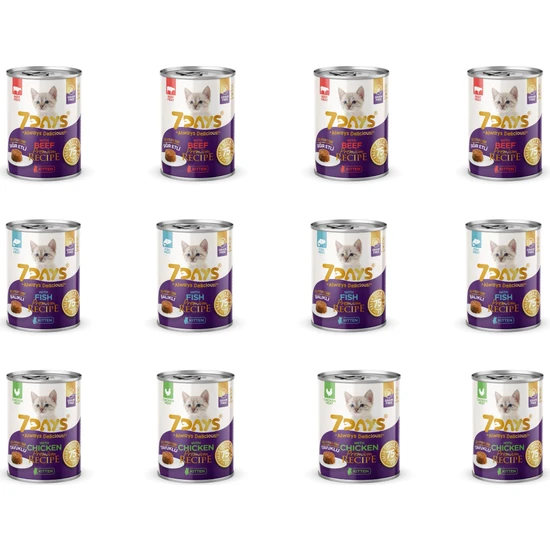 7Days Premium Recipe Karışık Kıyılmış Yavru Kedi Konservesi 3 Çeşit 415 gr x 12 Adet