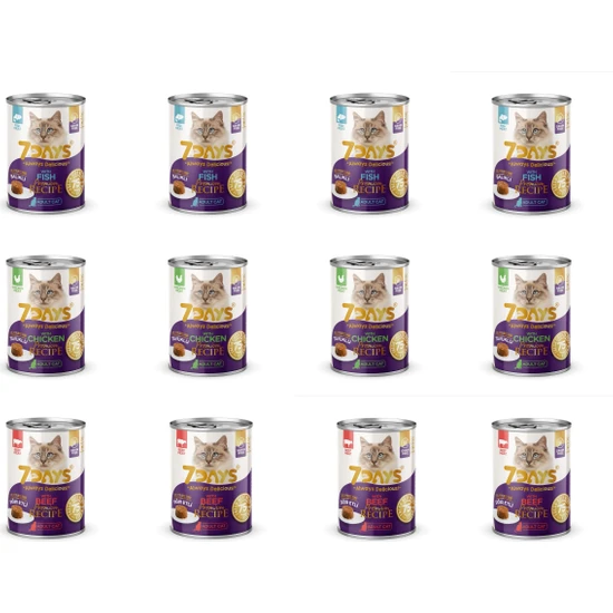 7Days Premium Recipe Karışık Yetişkin Kıyılmış Kedi Konservesi 3 Çeşit 415 gr x 12 Adet