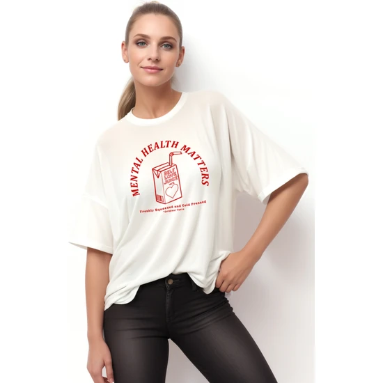 Coredra Juice Oversize T-Shirt Kadın - Ekru