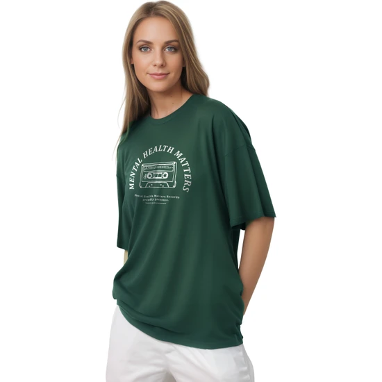 Coredra Playlist Oversize T-Shirt Kadın - Yeşil