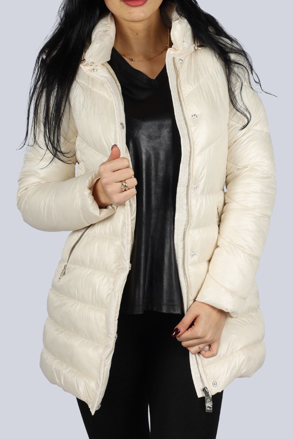 Liu Jo Kadın Kapşonlu Yaka Marka Detaylı Fermuarlı Şişme Turkuaz Mont MF3065TS045-85128 görsel 4