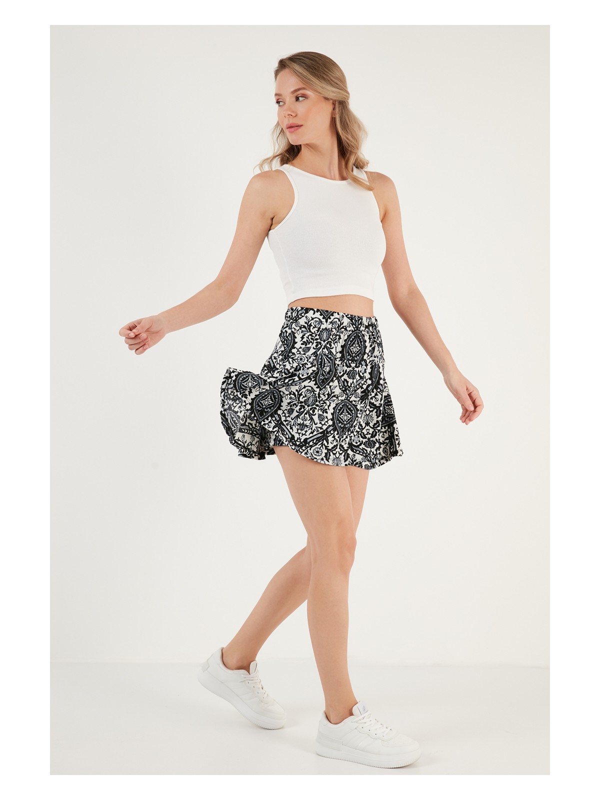 Lela Desenli Beli Lastikli Mini Şort Etek Bayan Şort Etek 5865118