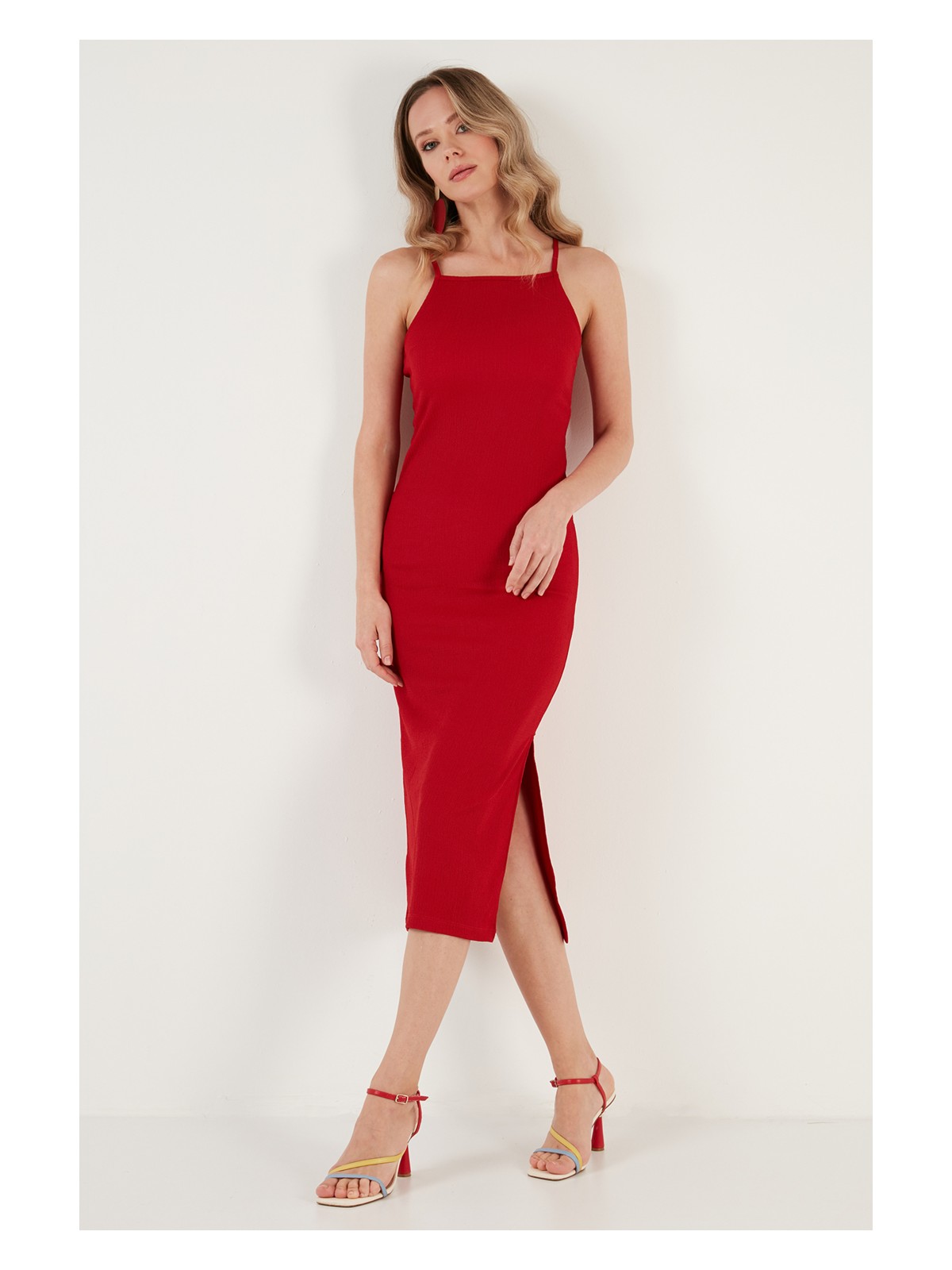 Lela Ip Askılı Fitted-Vücuda Oturan Yırtmaçlı Midi Elbise Bayan Elbise 5865573 - Görsel 4