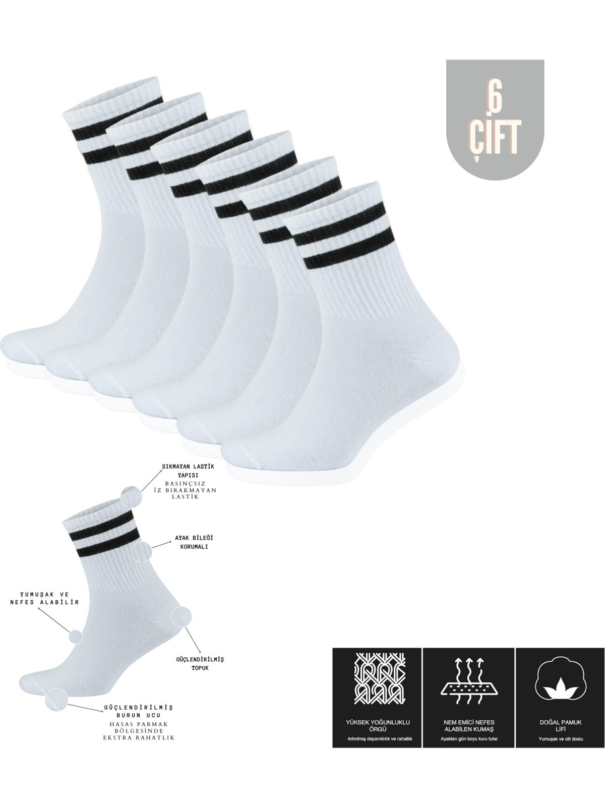 Kral Socks Lüx Kral Lüx Kralerkek Kadın (6 Çift) Çizgili Kolej Tenis Çorabı Pamuklu Terletmez Çorap - Görsel 3