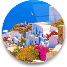 Miraax Deniz Manzaralı Beyaz Evler Yuvarlak Cam Tablo