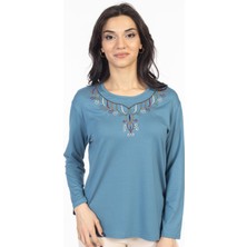 Mutlu City Yeni Model 2024 Nakış Işlemeli Yuvarlak Yaka Likralı Anne Penye Bluz 6450