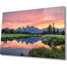 Miraax Gün Batımı Manzara Yansıma Dağ Cam Tablo