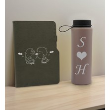 Bk Gift Sevgiliye Özel Isimli Gri Termo Defter ve Gri Cam Matara Seti 3