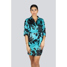 Explosion Kadın Desenli Mini Boy Günlük Kullanım Turkuaz Elbise EXP57354-TURKUAZ