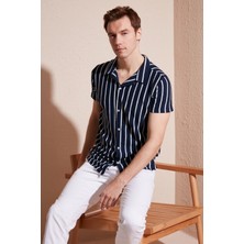 Buratti Çizgili Pamuk Karışımlı Kısa Kollu Apaş Yaka Regular Fit Gömlek Erkek Gömlek CF24S117664
