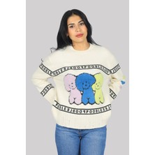 Sev Triko Kadın Logolu Desenli Uzun Kollu Günlük Kullanım Ekru Kazak Poddle Lovers-Ekru