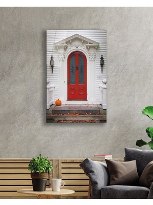 Miraax Üçgen Çatılı Kırmızı  Kemerli  Kapı Görselli Dikey Cam Tablo