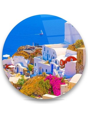 Miraax Deniz Manzaralı Beyaz Evler Yuvarlak Cam Tablo