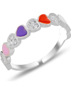 Söğütlü Silver Gümüş Rodyumlu Zirkon Taşlı Alttan Ayarlanabilir Renkli Mineli Kalp Yüzük SGTL12309RODAJ